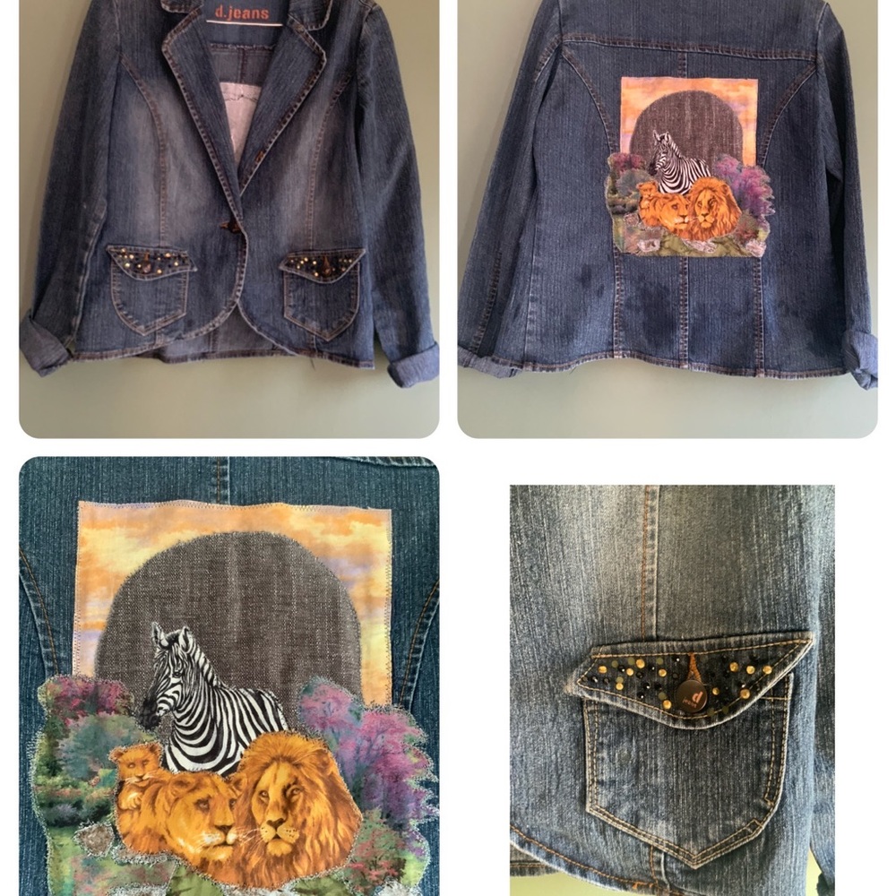 Distressed denim loop applique jacket